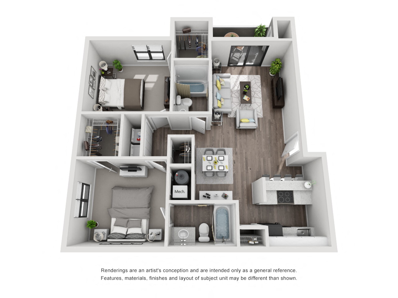 Floor plan for 2 beds, 2 baths, 1025 sqft